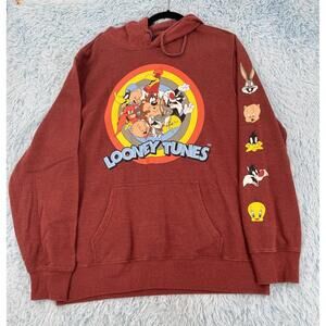 Vtg Looney Tunes Sweater Men XL  Red Bugs Bunny Warner Bros Hood Sweatshirt 90’s